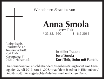 Traueranzeige von Anna Smola von Pegnitz-Zeitung